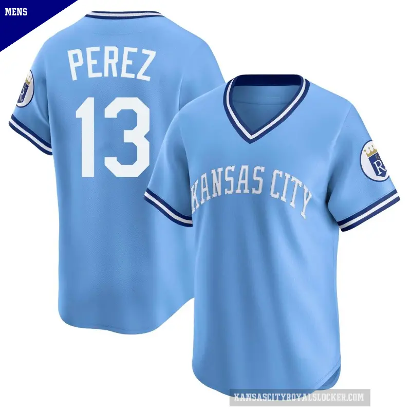 Men's No.13 Salvador Perez Kansas City Royals Light Blue Limited Throwback Cooperstown Collection Jersey