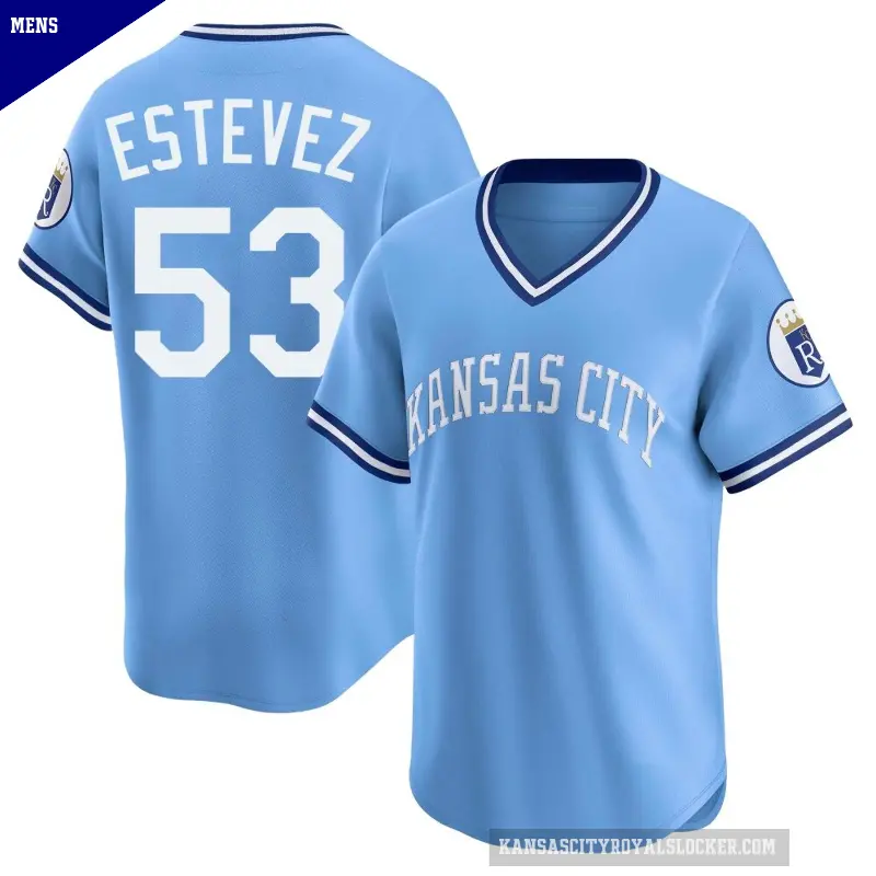 Men's No.53 Carlos Estevez Kansas City Royals Light Blue Limited Throwback Cooperstown Collection Jersey